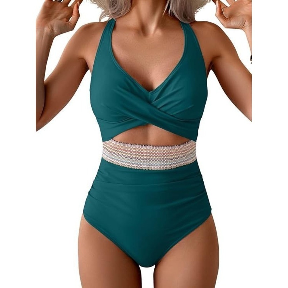 B2prity Women's 1pc Tummy Control High Waist Cutout Swimsuit - Teal Green - M